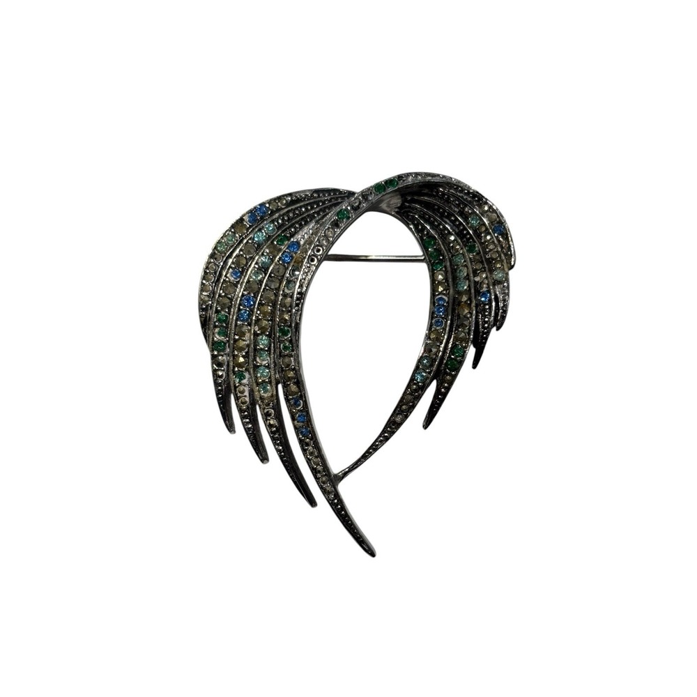 Vintage Les Bernard Inc silver tone marcasite rhinestone Feather Brooch Pin